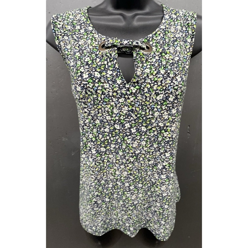 Tommy Hilfiger Top Women L Blue Floral Print Keyhole Neck Stretch Preppy Classic